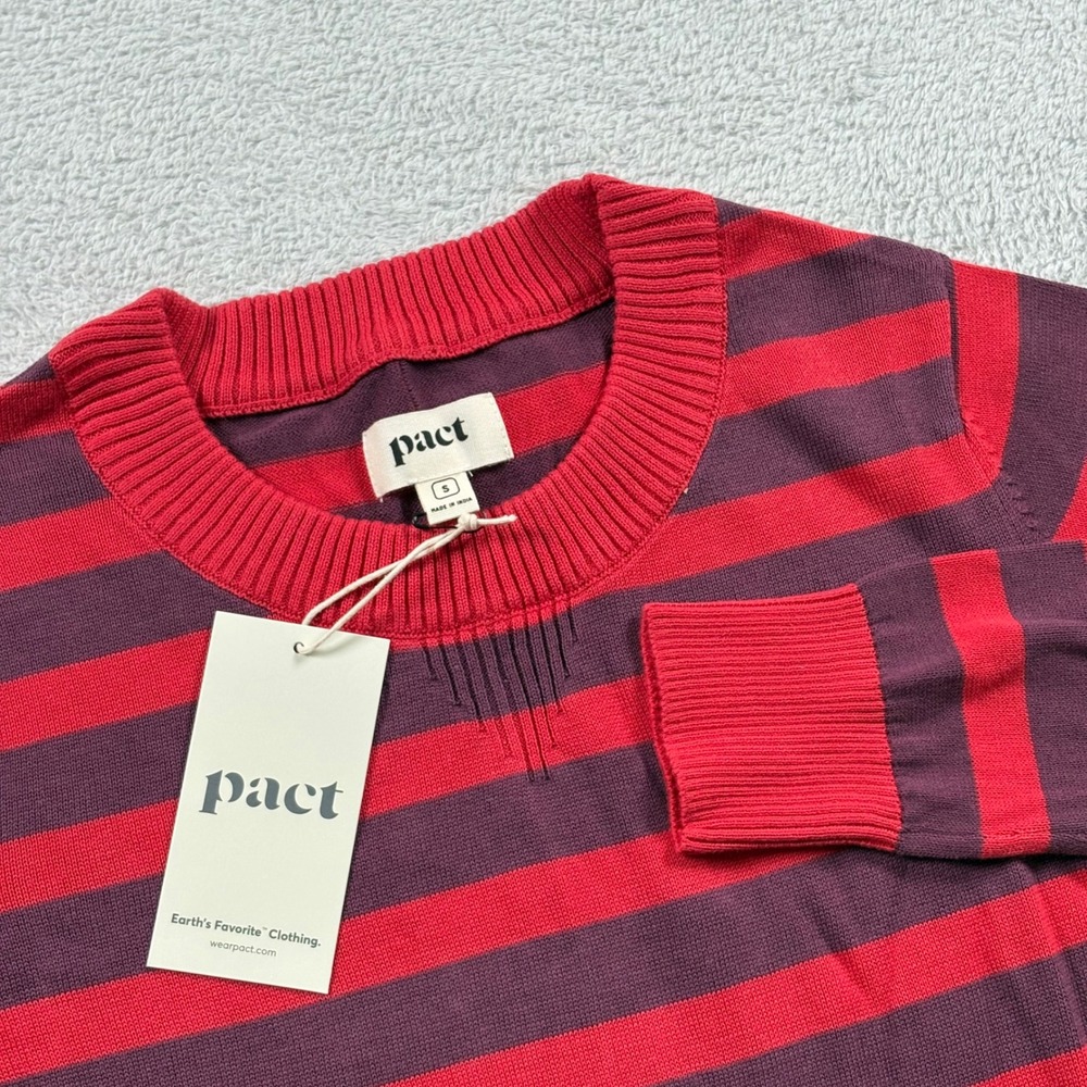 Pact Classic Crew Neck Sweater Maroon Rococco Red Striped Organic Cotton Small
